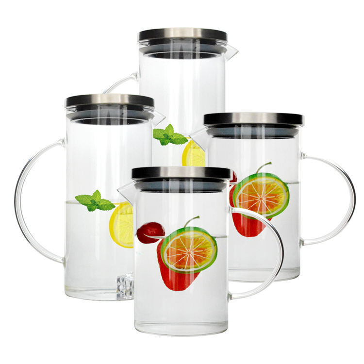 High Borosilicate Glass Water Jug with Handle and Stainless Steel Lid and Customized Decal