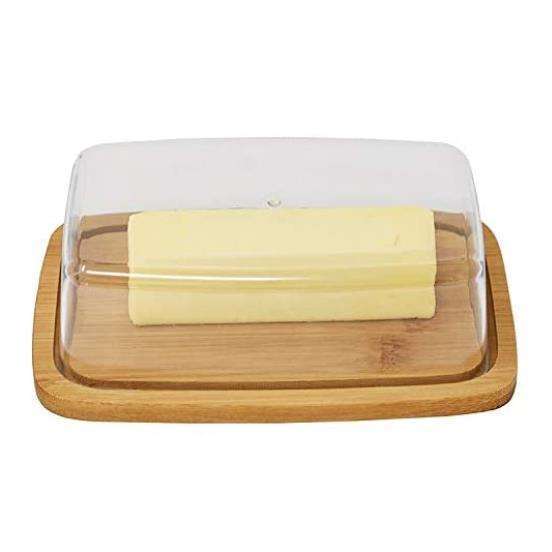Glass Rectangle Large Butter Dish with Bamboo Lid for Food Kitchen Usage