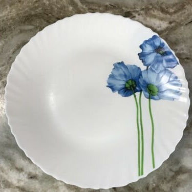 Blue Poppies Opal Glass Dinnerware. Plates, Bowls, Mugs