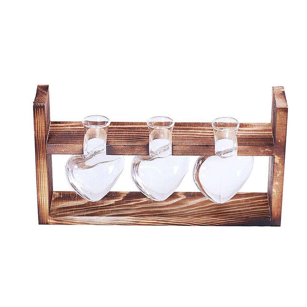 Hanging Glass Tabletop Flower Vase Plants Hydroponic Pot W- 3 Beaker& Wood Stand
