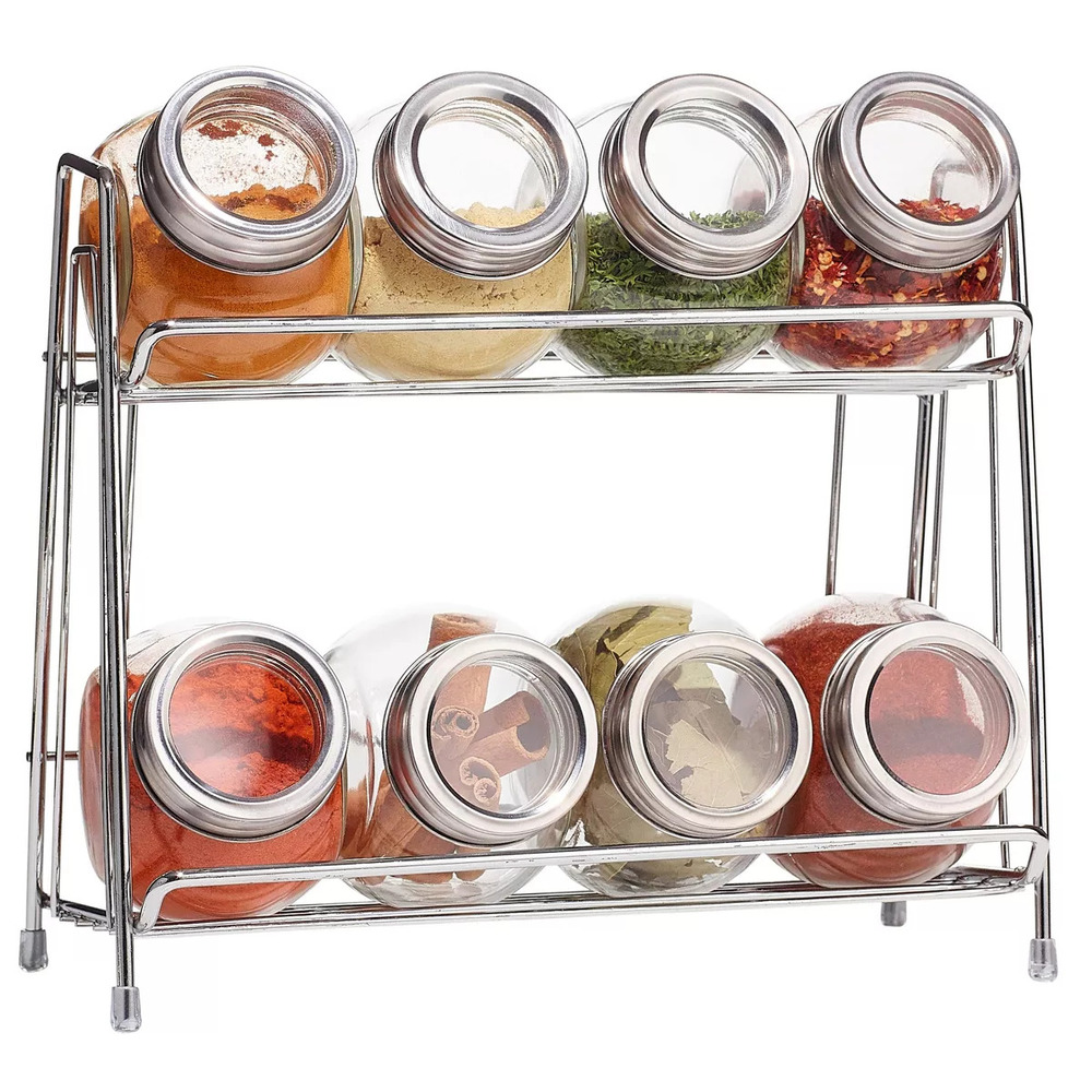 2-Tier Chrome Rack Set with Glass Spice Jars for Kitchen Organization