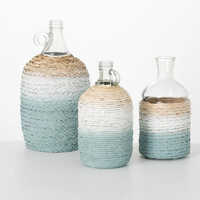 Blue-wrapped Art Deco Glass Vase Set - Hand-blown Lead-free Glass, Medium Size, Transparent Glaze With Blue Accents, Stable Base