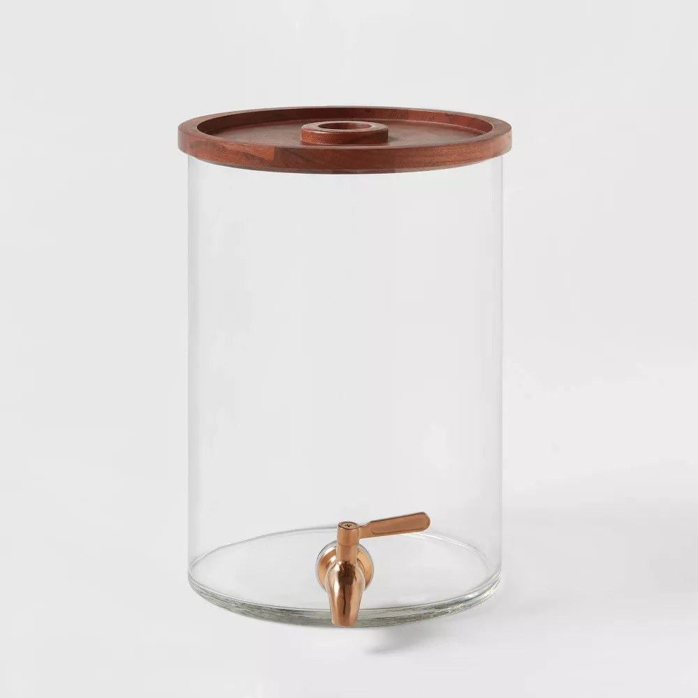 Portable Furniture Drink Dispenser Tabletop Glass Water Jug with Wood Lid for Fruit Juice & Other Beverages