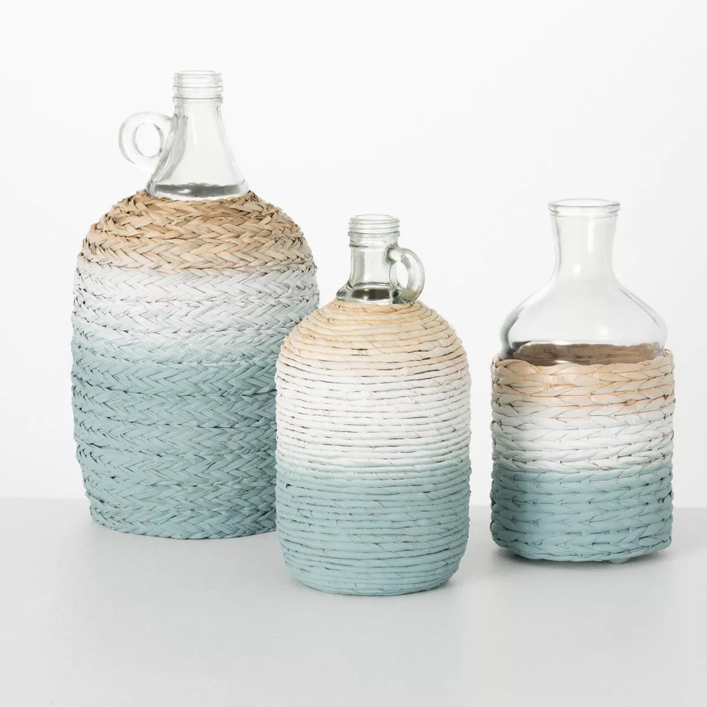 Blue-Wrapped Art Deco Glass Vase Set - Glass, 20-25 cm, Transparent Blue, Hand-Wrapped Glaze