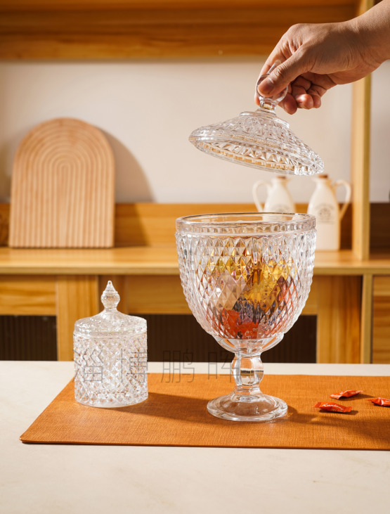 Vintage Exquisite Candy Jar with Lid Holiday Classic Candy Compote - High-Quality Pressed Glass, 20cm x 13cm, Crystal Clear, Domed Lid with Decorative Knob