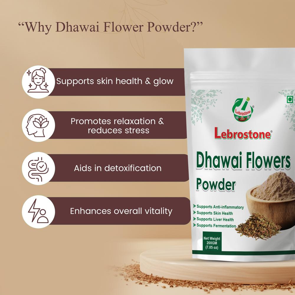 Lebrostone Dhawai Flowers Powder | Herbal Powder for Skin Health, Relaxation, Detoxification & Vitality | 200g