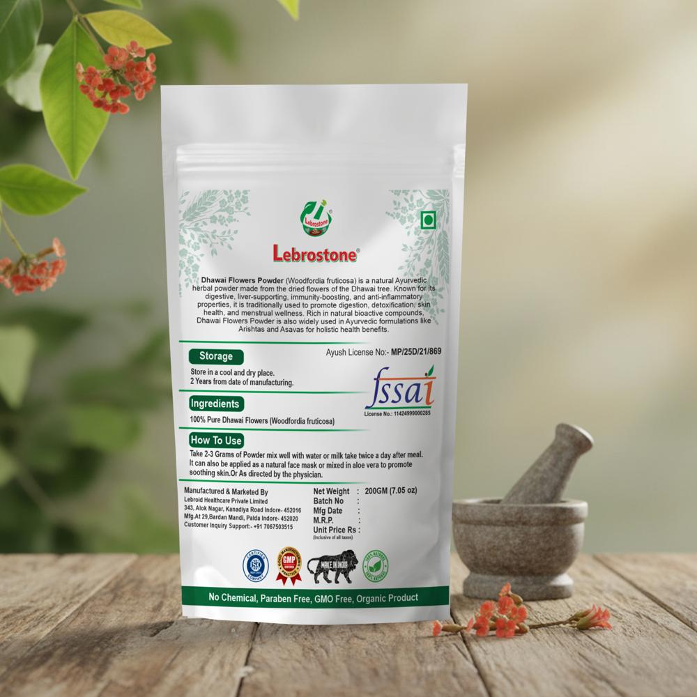 Lebrostone Dhawai Flowers Powder | Herbal Powder for Skin Health, Relaxation, Detoxification & Vitality | 200g