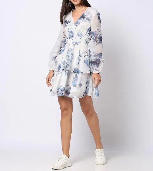 Ladies Floral Printed Western Dress - Color: Blue And White