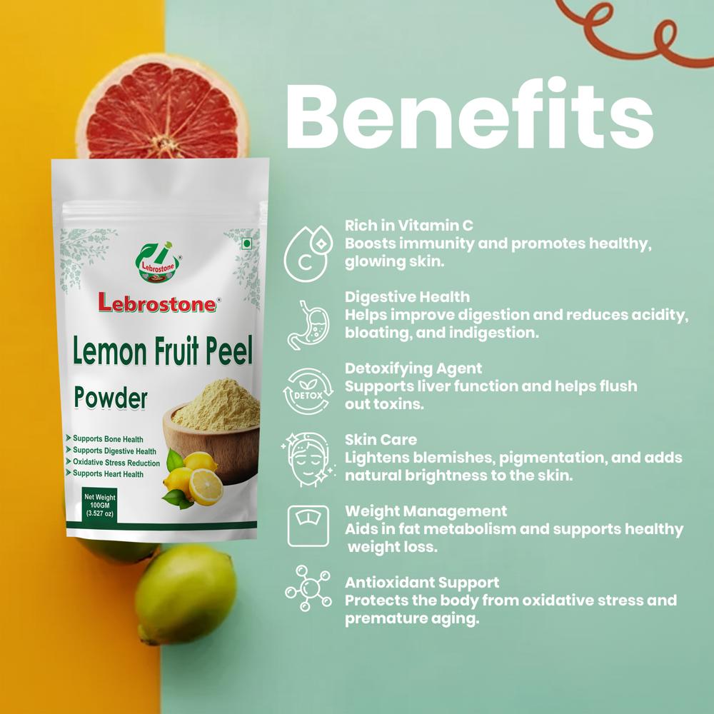 Lebrostone Lemon Fruit Peel Powder | Rich in Vitamin C, Boosts Immunity, Supports Digestion, Detox, Skin Care |100g