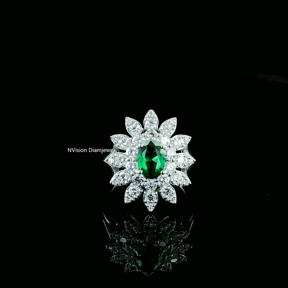 Handcrafted Emerald Flower Cluster White Gold labgrown Diamond Ring