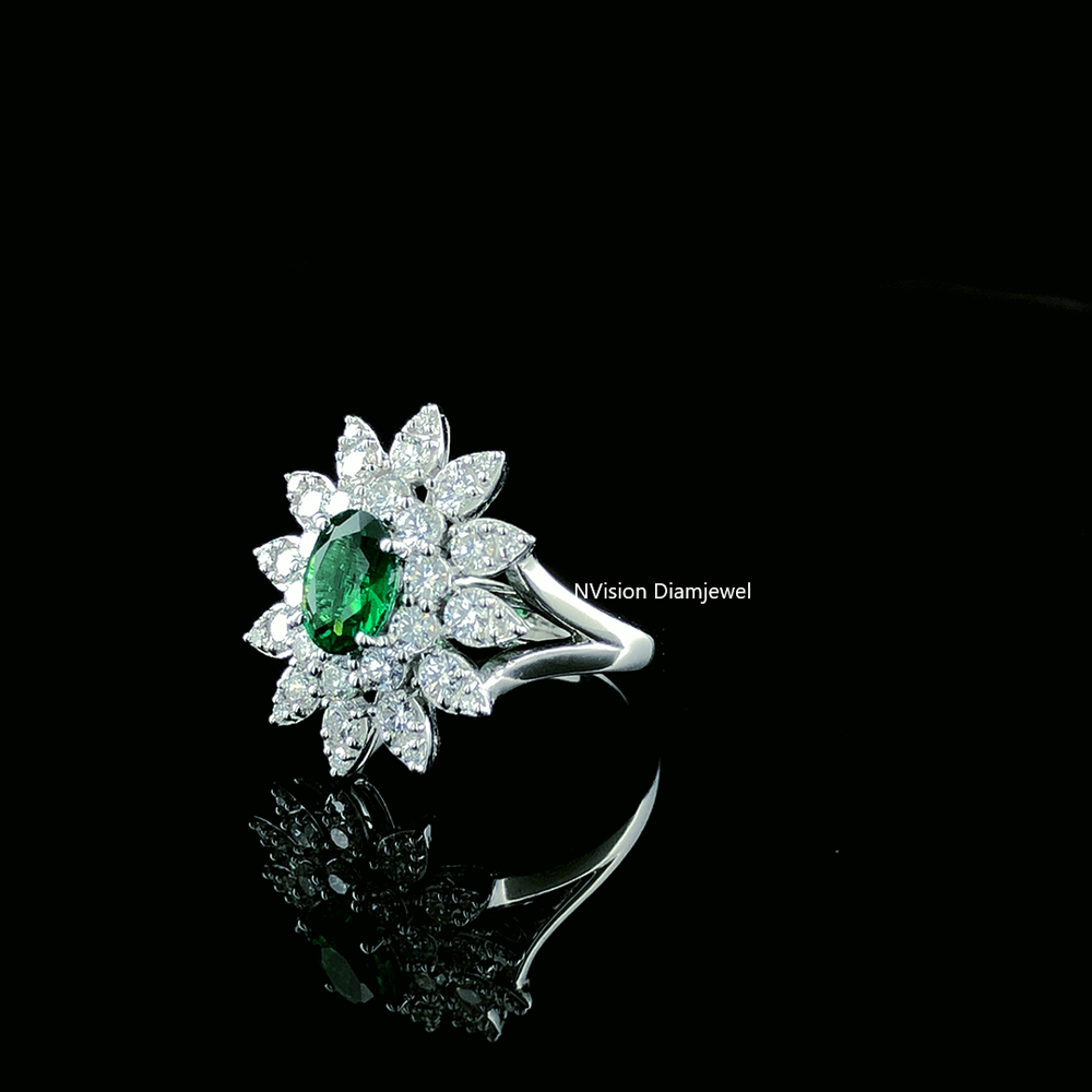 Handcrafted Emerald Flower Cluster White Gold labgrown Diamond Ring