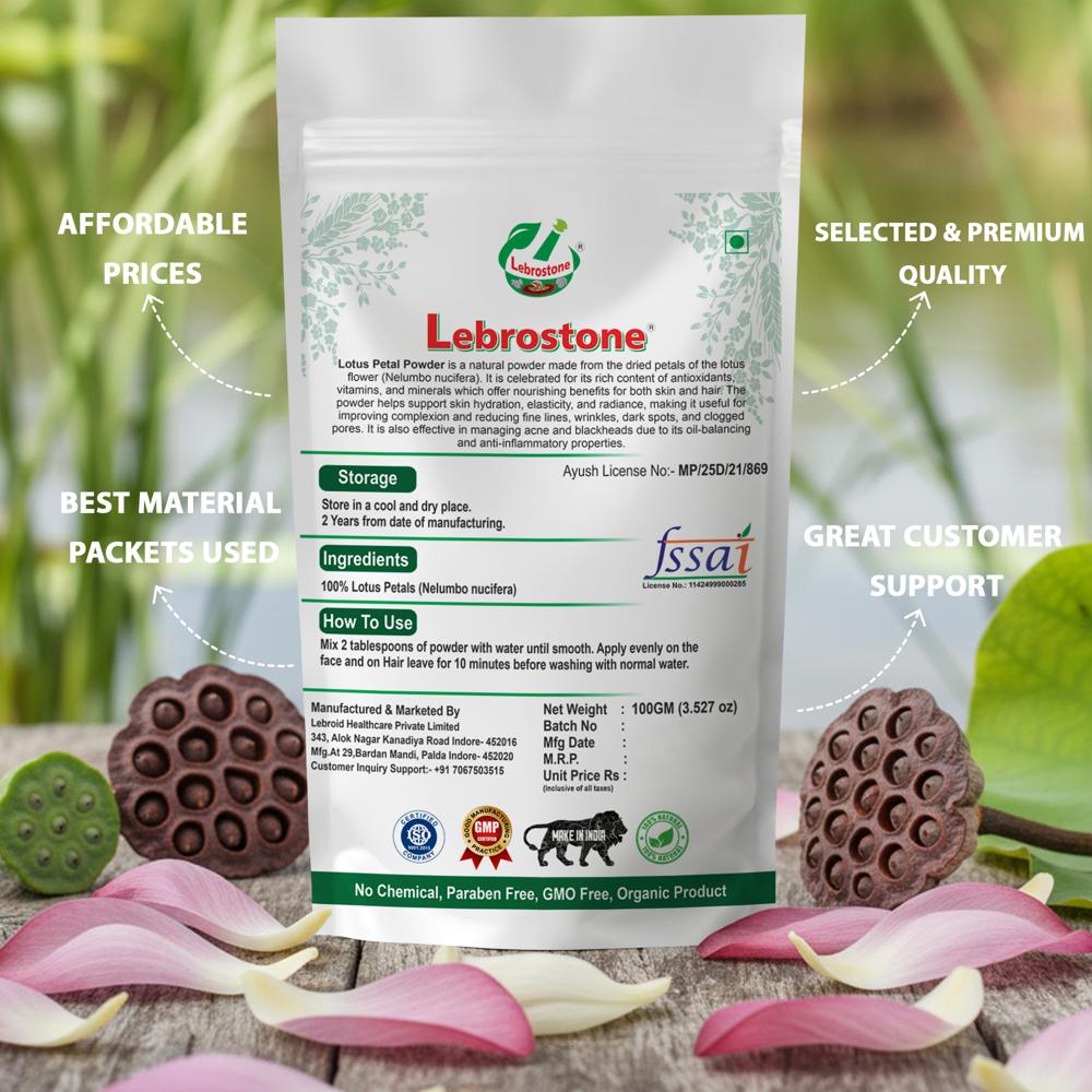 Lebrostone Lotus Petals Powder | Herbal Powder for Skin Beauty, Blood Sugar & Cholesterol Support, Immunity & Nutrient Enrichment | 100g