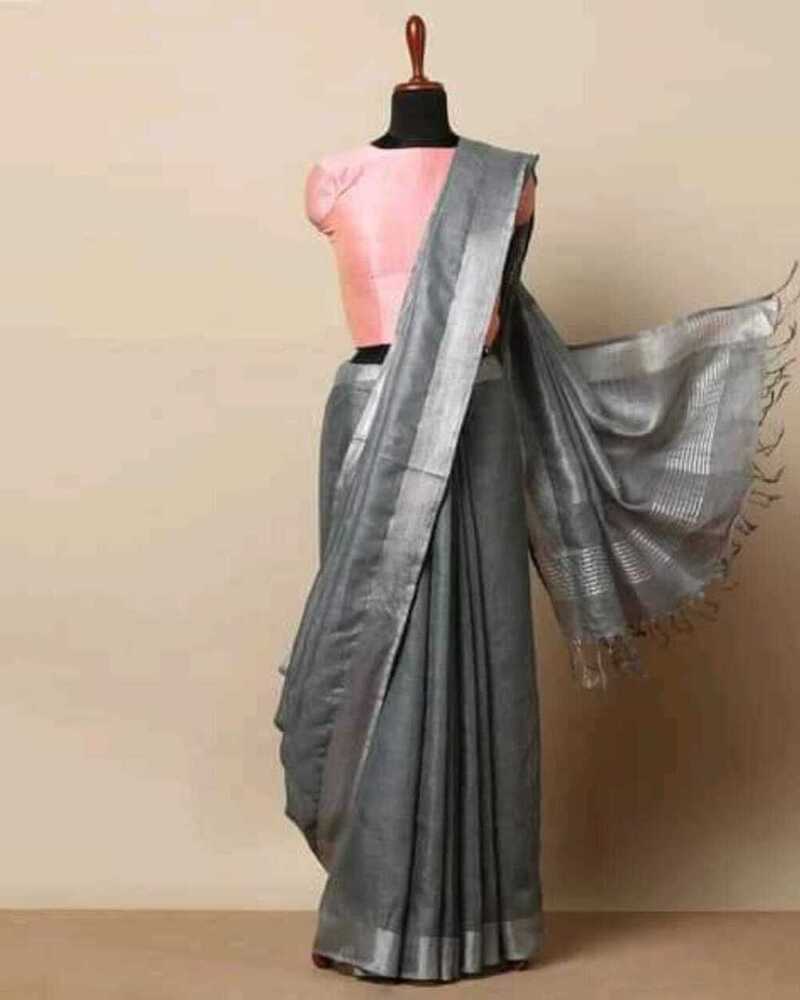 Pure Linen Silver Jari Saree