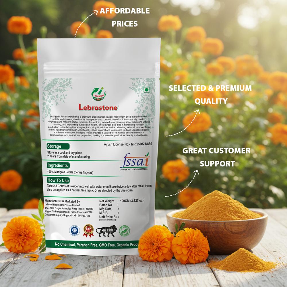 Lebrostone Marigold Petals Powder | Herbal Powder for Anti-Inflammatory, Eye Health, Hair Care, Blood Detox, Digestion & Skin Glow | 100g