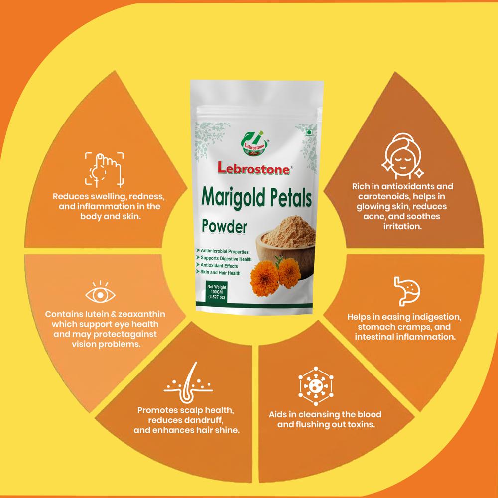 Lebrostone Marigold Petals Powder | Herbal Powder for Anti-Inflammatory, Eye Health, Hair Care, Blood Detox, Digestion & Skin Glow | 100g