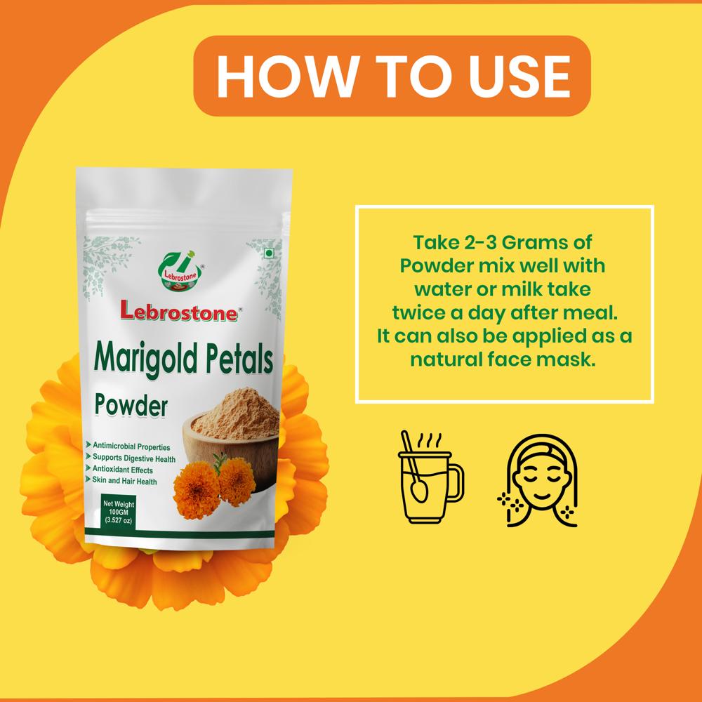 Lebrostone Marigold Petals Powder | Herbal Powder for Anti-Inflammatory, Eye Health, Hair Care, Blood Detox, Digestion & Skin Glow | 100g