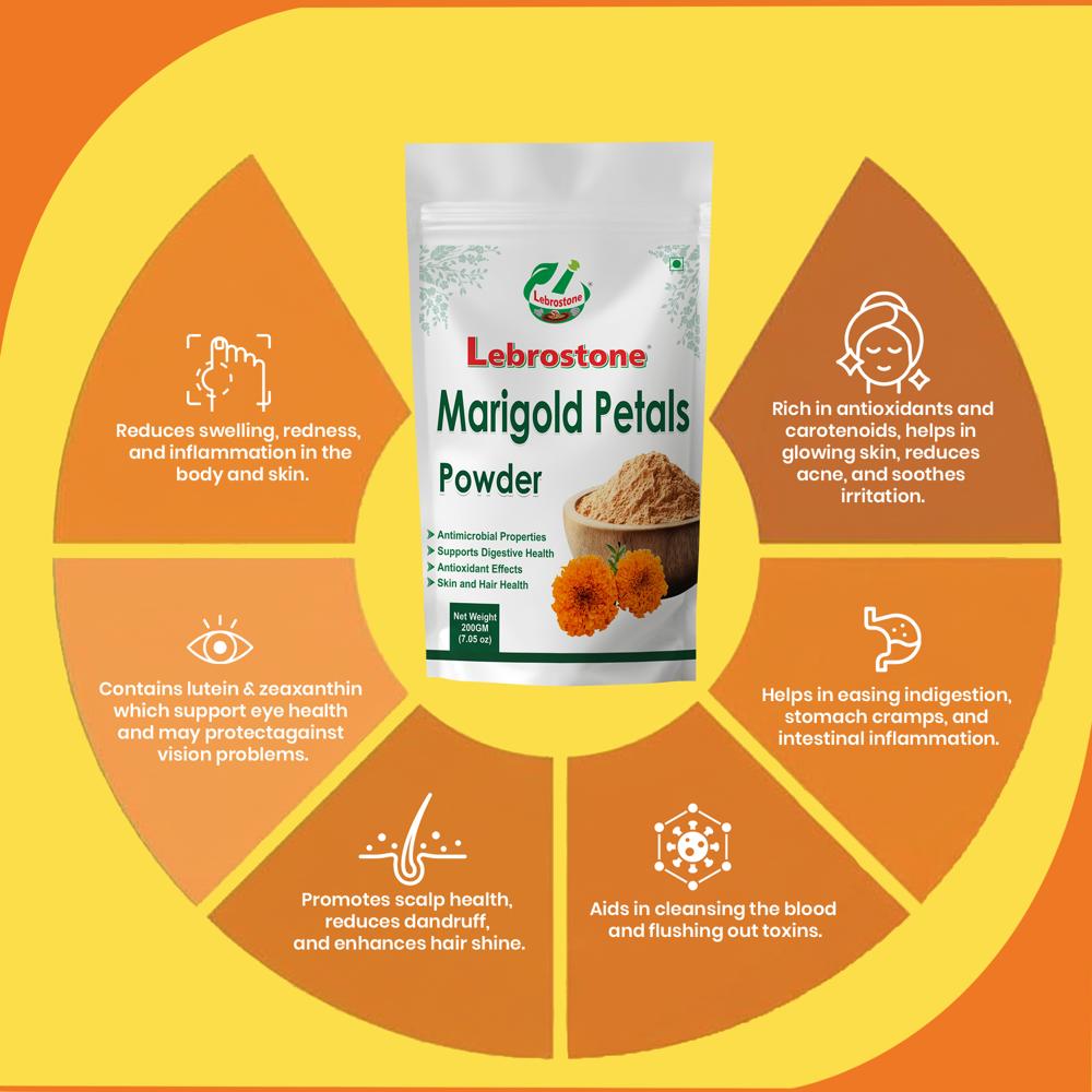 Lebrostone Marigold Petals Powder | Herbal Powder for Anti-Inflammatory, Eye Health, Hair Care, Blood Detox, Digestion & Skin Glow | 200g