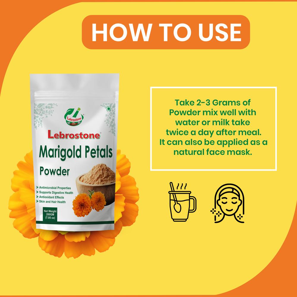 Lebrostone Marigold Petals Powder | Herbal Powder for Anti-Inflammatory, Eye Health, Hair Care, Blood Detox, Digestion & Skin Glow | 200g