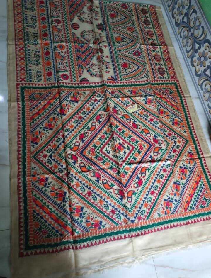 Pure Tushar Silk Saree Work Madhubani Hand Paint