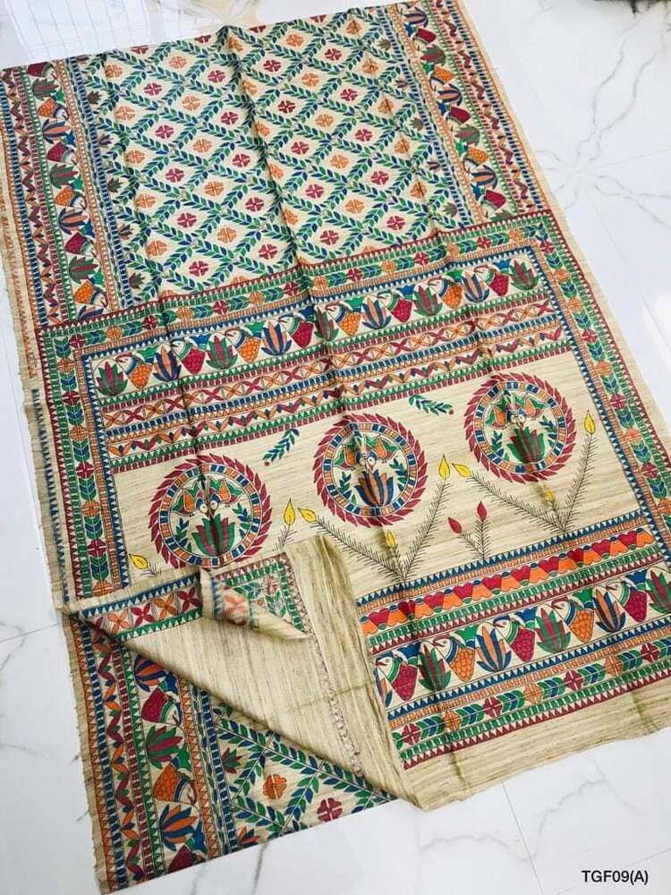 Pure Tushar Silk Saree Work Madhubani Hand Paint