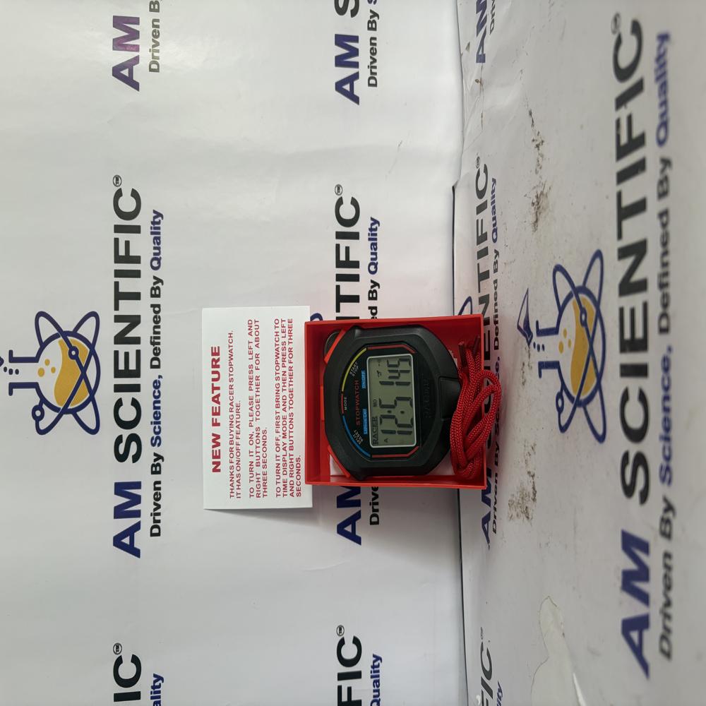 Racer Digital Stopwatch, For Laboratory - Black PVC, Rectangular Body, Battery Operated, High Precision, Portable, Digital Display, Button Control