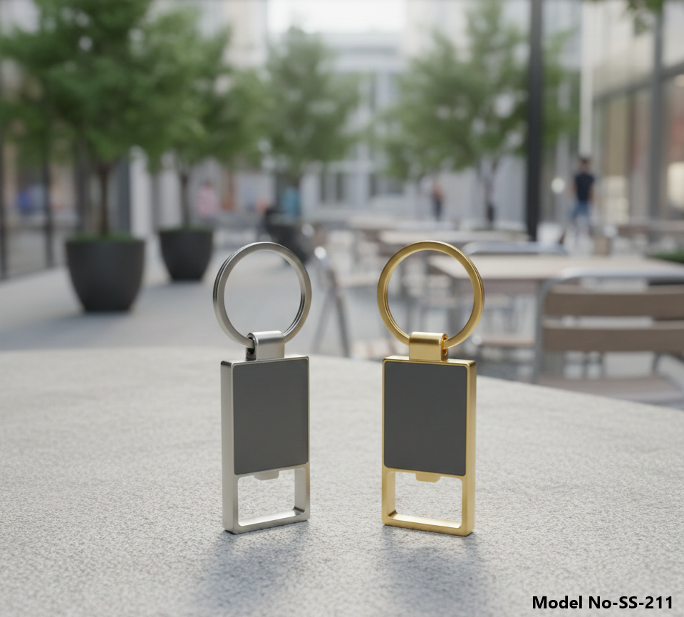 Metal Rectangle Bottle Opener Keychain With Round Ring (ss-211) - Color: Silver & Gold (dual Color Variants)
