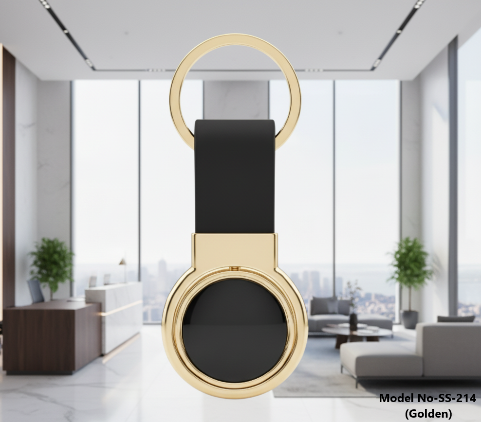 Golden & Silver Round Metal With Leather Keychain Revol-ving (SS-214)