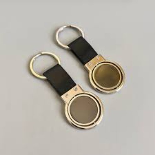 Golden & Silver Round Metal With Leather Keychain Revol-ving (SS-214)