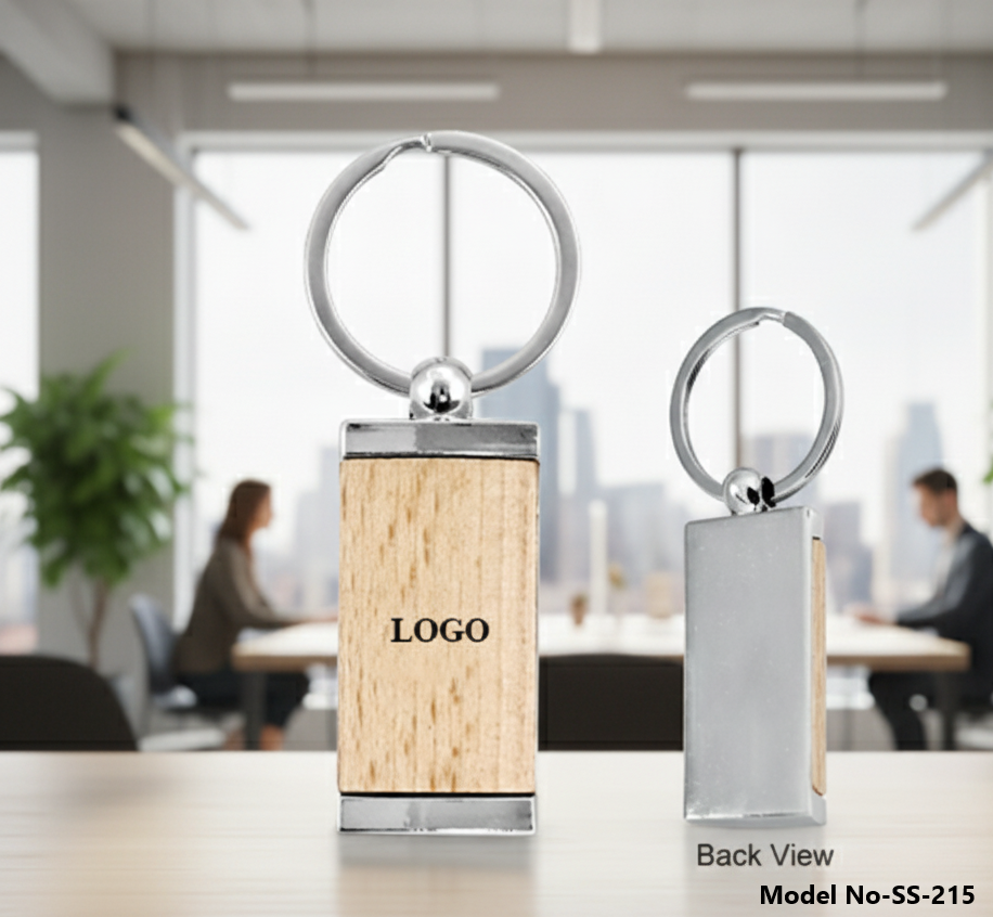 Premium Wooden & Metal Rectangle Keychain with Logo Branding (SS-215)