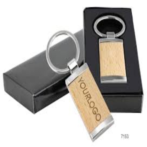 Premium Wooden & Metal Rectangle Keychain with Logo Branding (SS-215)