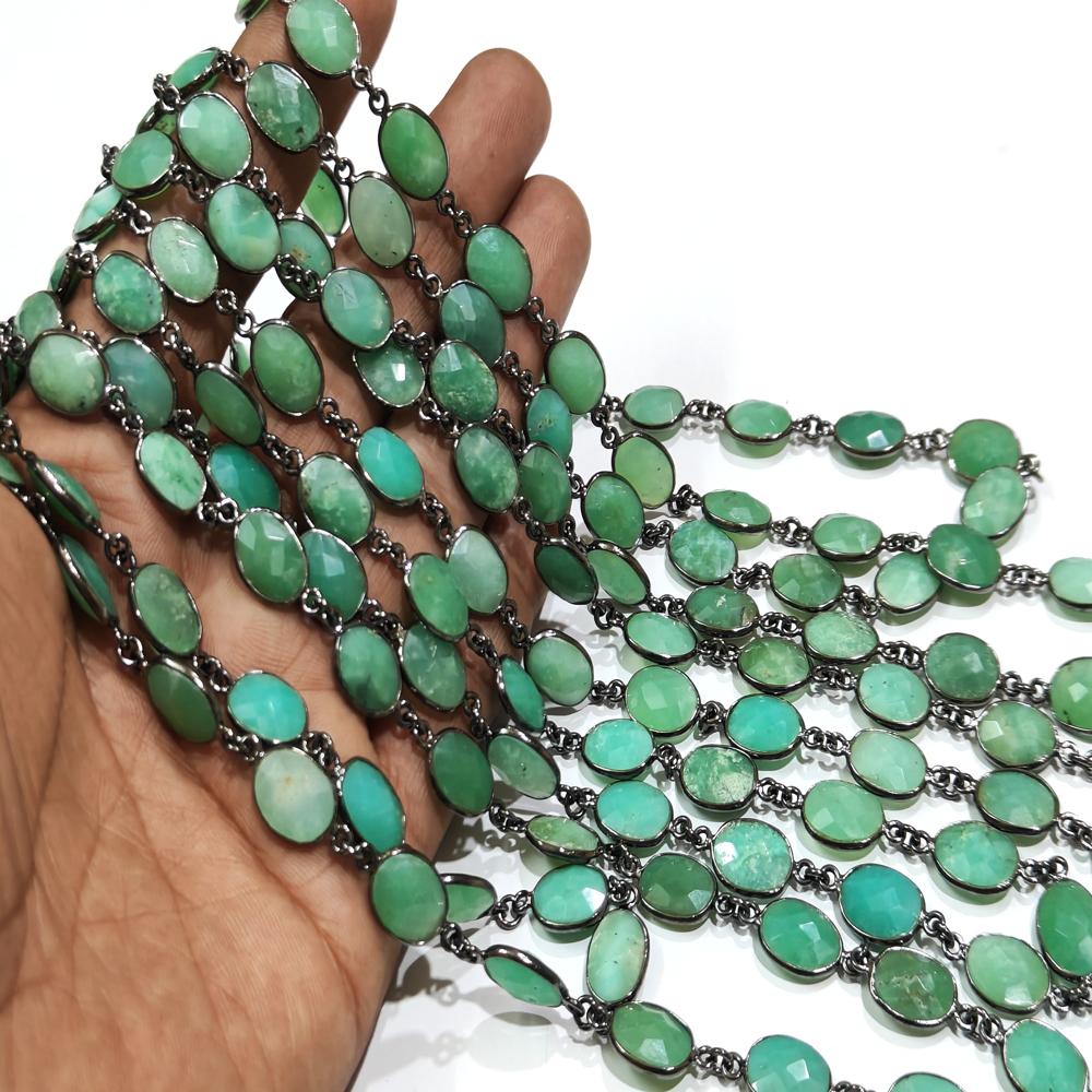 Natural Chrysoprase Oval Briolette Faceted 9x12mm Bezel Connector Chain Sold Per Foot