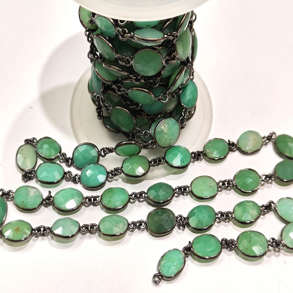 Natural Chrysoprase Oval Briolette Faceted 9x12mm Bezel Connector Chain Sold Per Foot