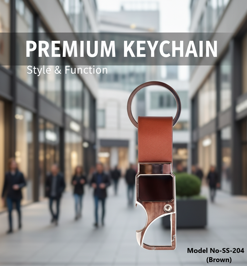 Multi-Functional Metal Keychain with Integrated Bottle Opener and Leatherette Strap (SS-204)