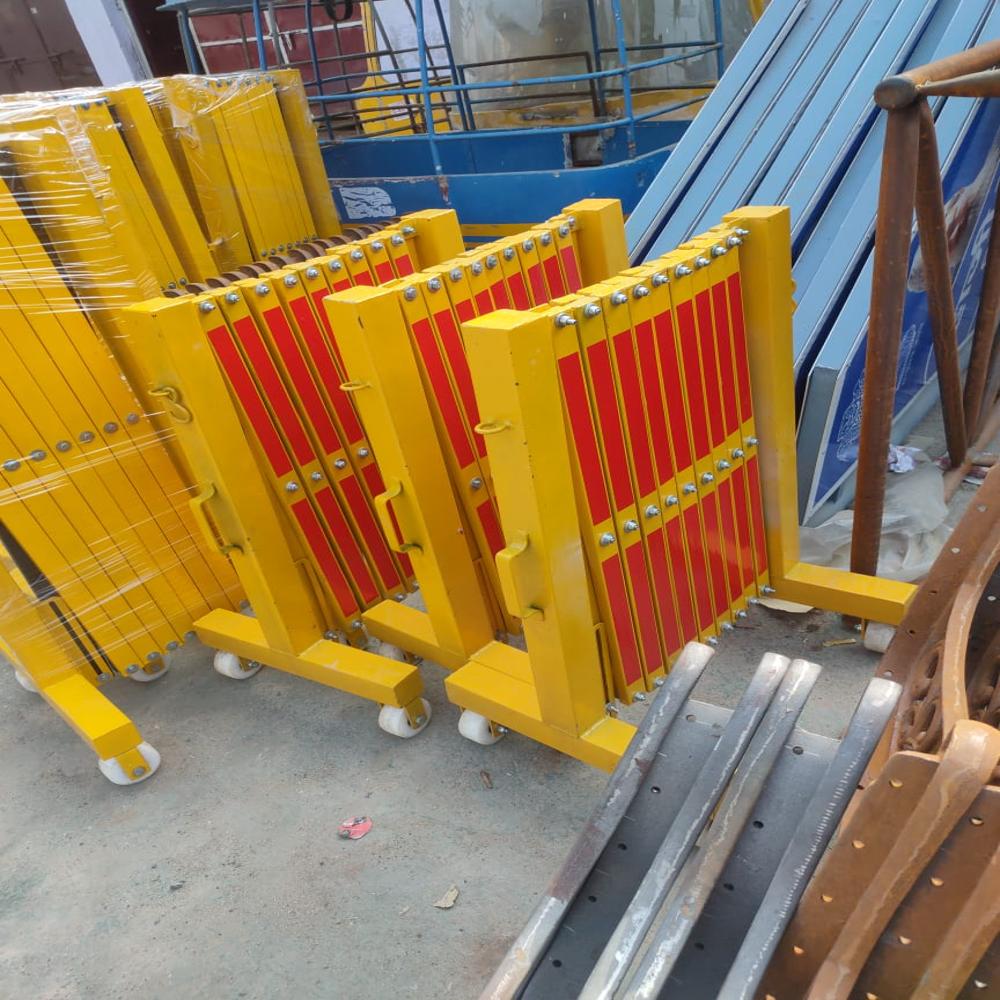 Road Barricade - Steel Structure, Portable Design For Public Safety | Foldable & Adjustable With Red And Yellow Color Pattern