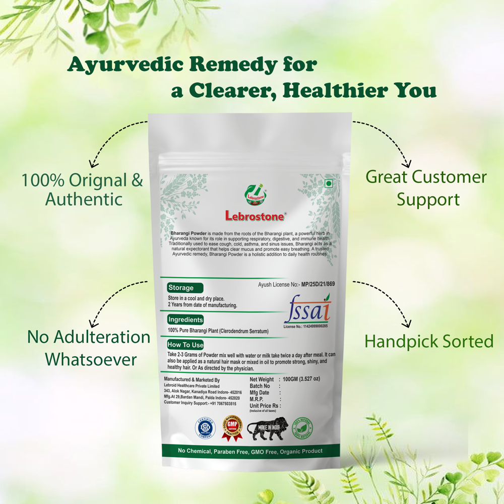 Lebrostone Bharangi Powder Supports Respiratory Health, Natural Anti-Inflammatory, Aids Digestion & Detox, Boosts Immunity|100g