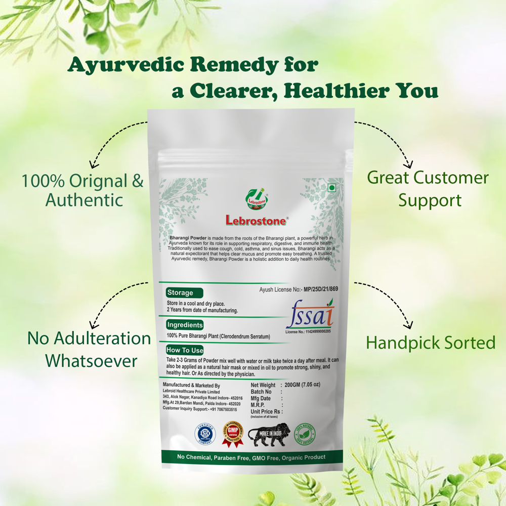 Lebrostone Bharangi Powder Supports Respiratory Health, Natural Anti-Inflammatory, Aids Digestion & Detox, Boosts Immunity|200g