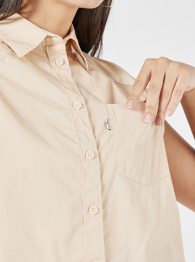 Womens Cotton Sleeveless Boxy Shirt Utility Style Casual Top