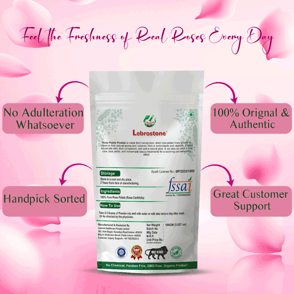 Lebrostone Herbal Rose Petals Powder Natural Skin Brightening, Hydration, Softening & Relaxation Support(100g)