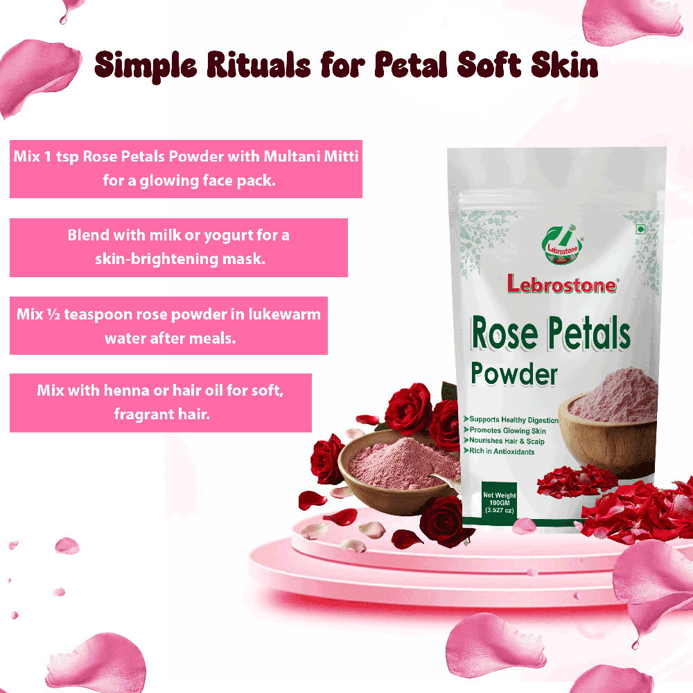 Lebrostone Herbal Rose Petals Powder Natural Skin Brightening, Hydration, Softening & Relaxation Support(100g)