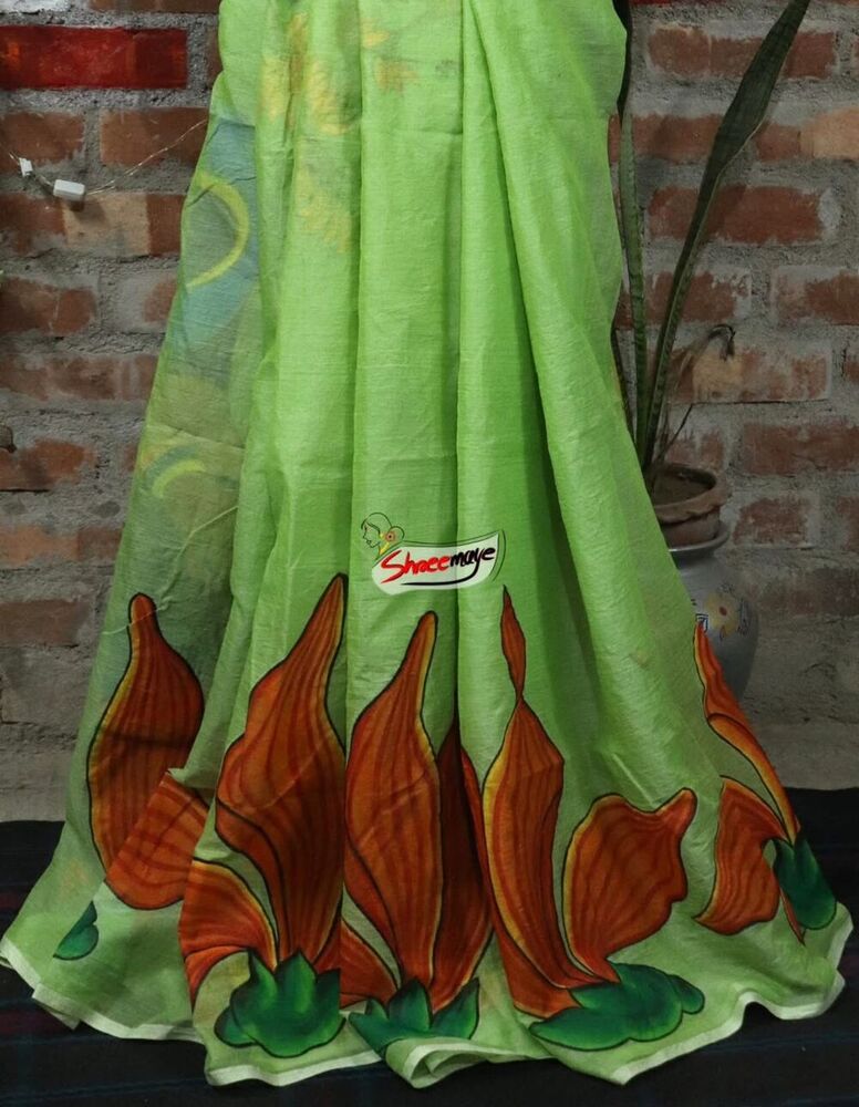 Green Polashboni Hand Painted Semi Tussar Saree