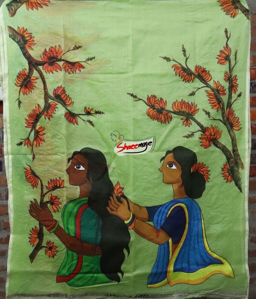 Green Polashboni Hand Painted Semi Tussar Saree