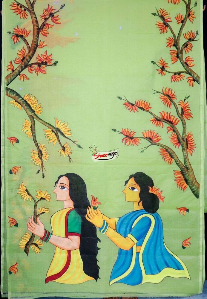 Green Polashboni Hand Painted Semi Tussar Saree