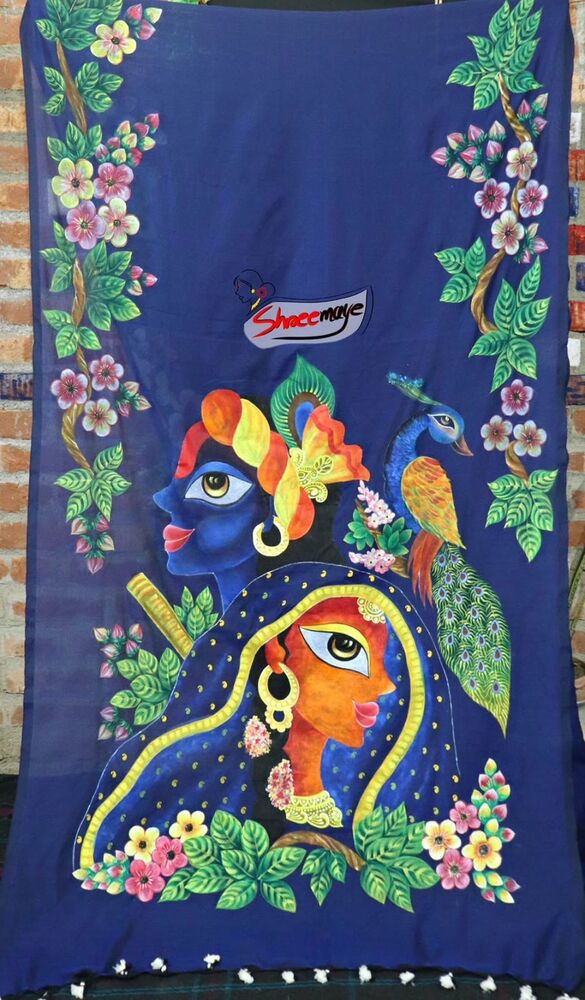 Radha Krishna Hand Painted Khadi Saree
