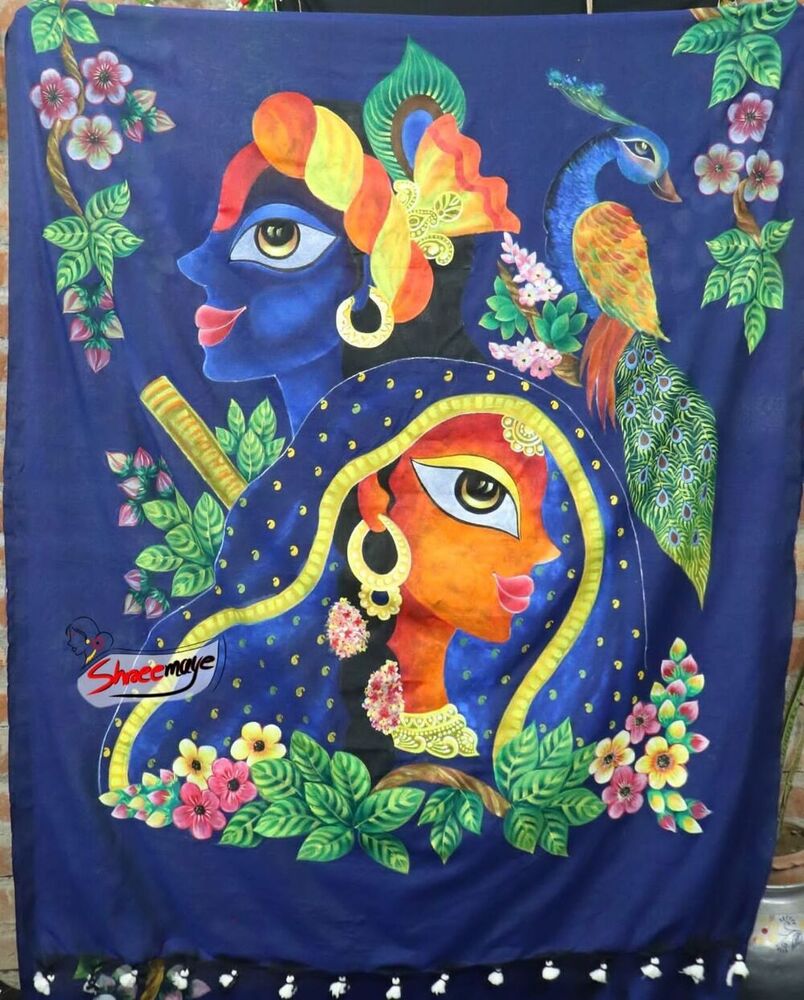 Radha Krishna Hand Painted Khadi Saree
