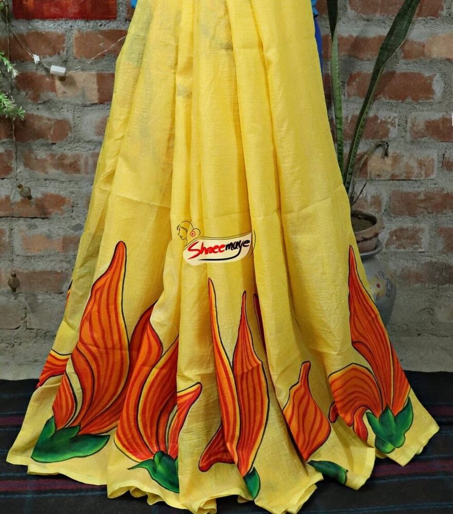 Yellow Polashboni Hand Painted Semi Tussar Saree