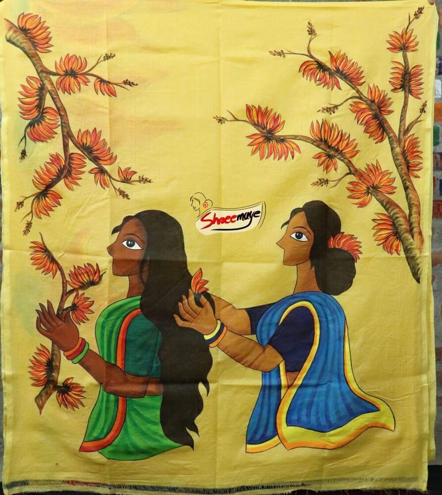 Yellow Polashboni Hand Painted Semi Tussar Saree
