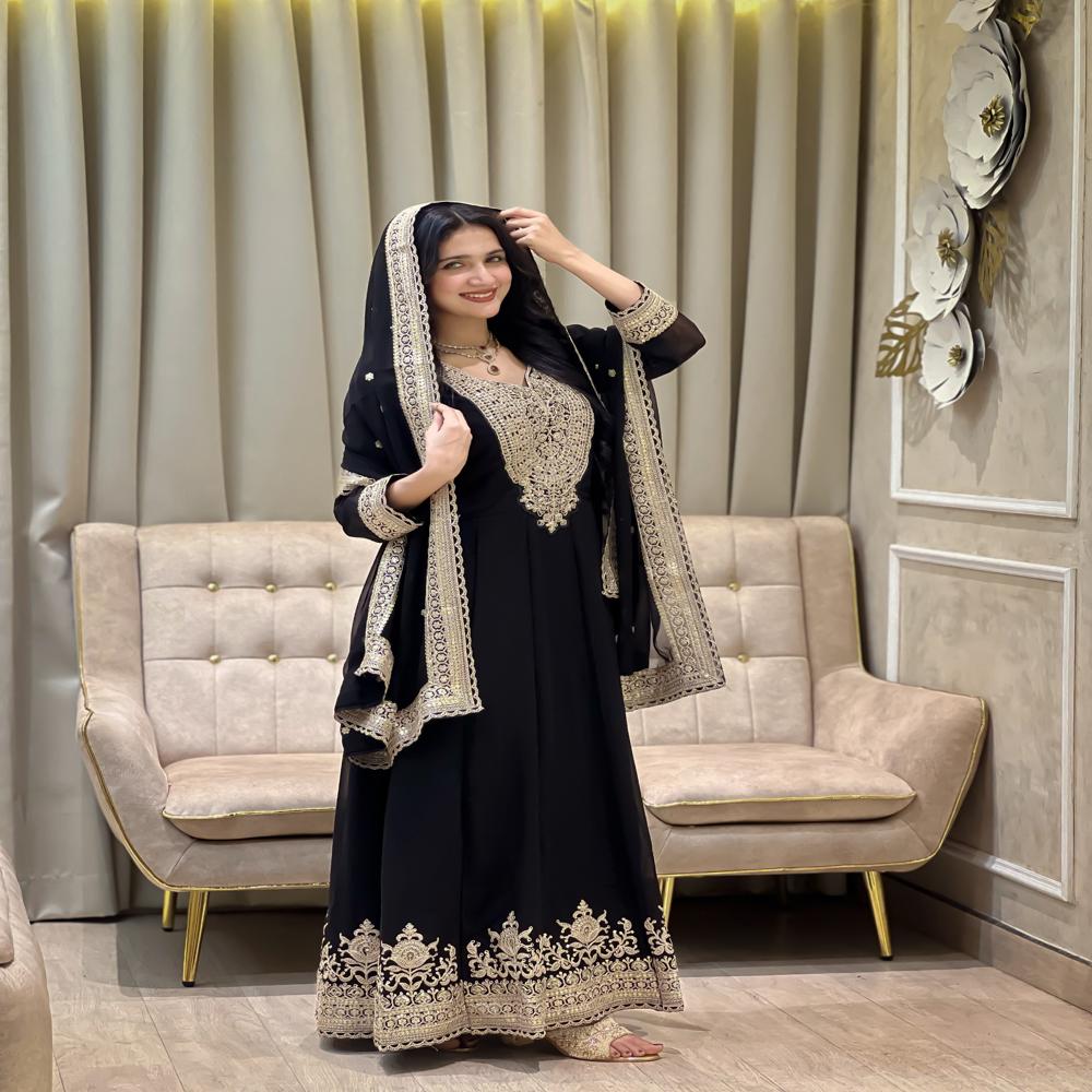 Women Anarkali Style Long Gown With Flare Design - Color: Black- Red