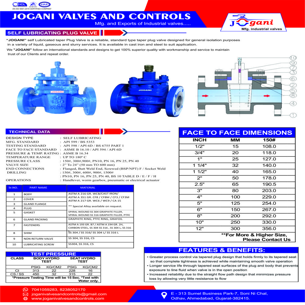 Self Lubricating Type Plug Valve - Color: Blue