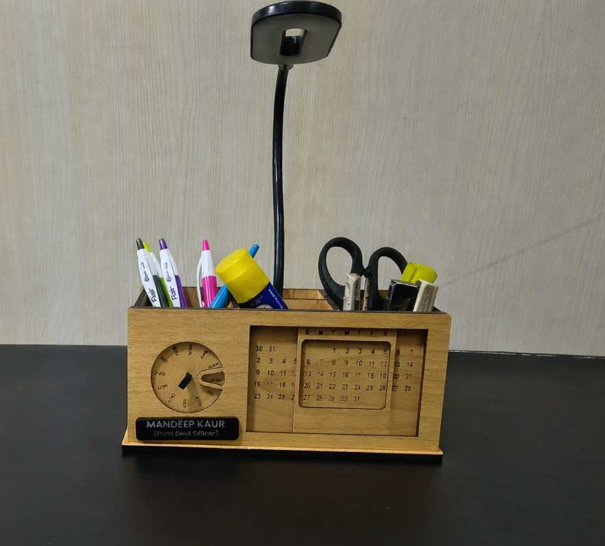 Personalized Wooden Desk Organizer With Lamp And Calendar