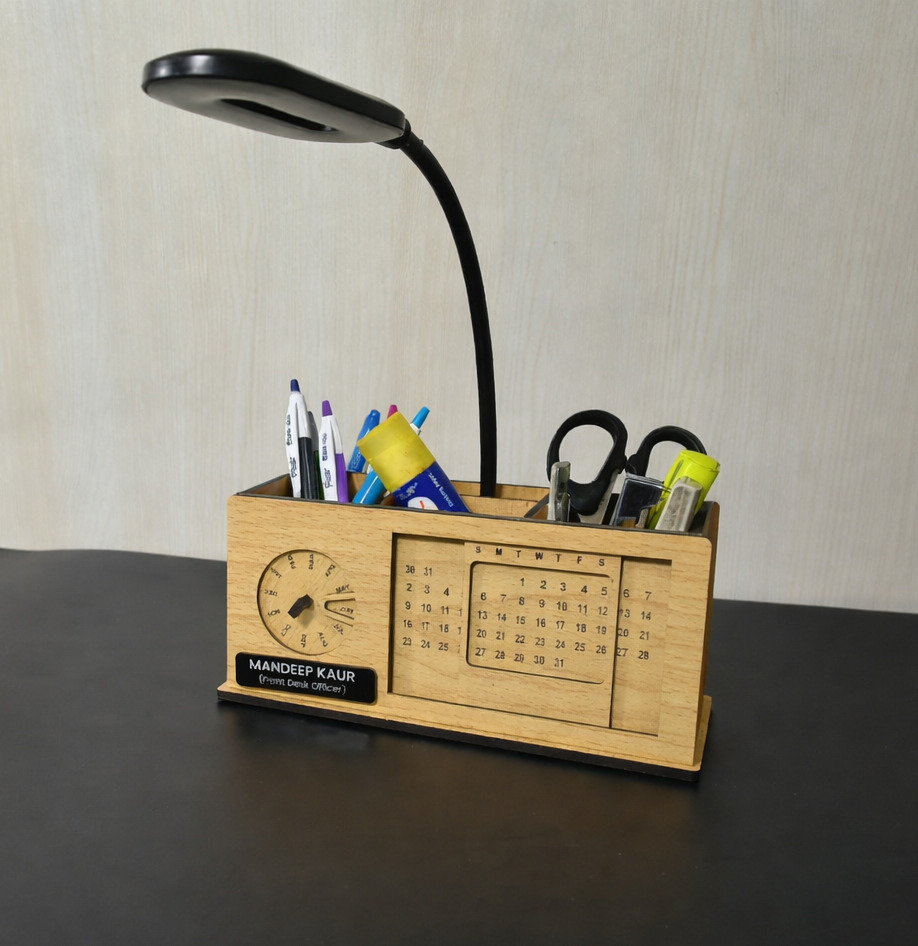 Personalized Wooden Desk Organizer With Lamp And Calendar